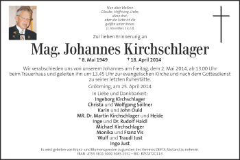 Traueranzeige von Johannes Kichschlager  von Kleine Zeitung