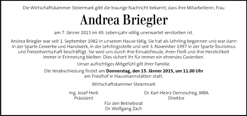  Traueranzeige für Andrea Briegler vom 13.01.2015 aus Kleine Zeitung