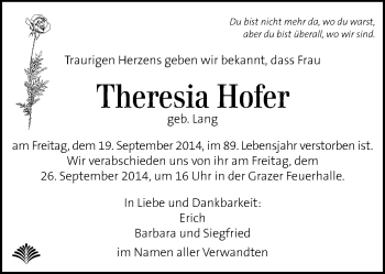 Traueranzeige von Theresia Hofer von Kleine Zeitung
