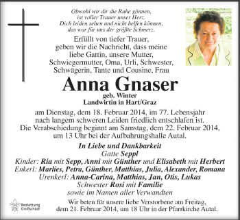Traueranzeige von Anna Gnaser  von Kleine Zeitung