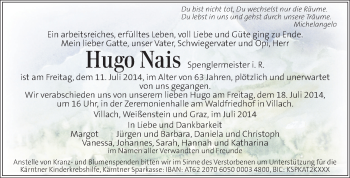 Traueranzeige von Hugo Nais von Kleine Zeitung
