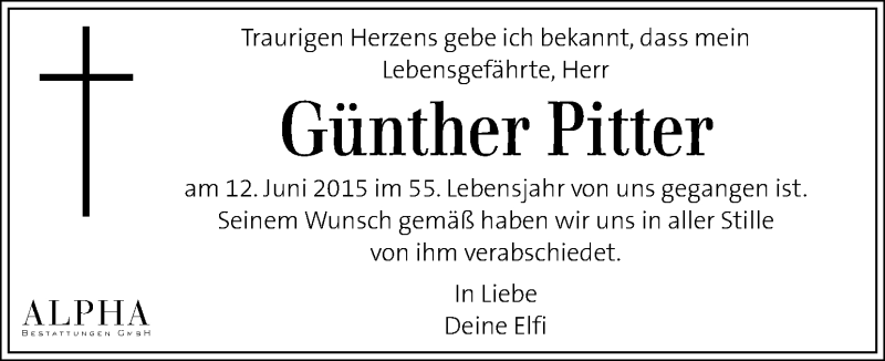  Traueranzeige für Günther Pitter vom 24.06.2015 aus Kleine Zeitung