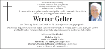 Traueranzeige von Werner Gelter von Kleine Zeitung