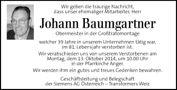 Traueranzeige von Johann Baumgartner von Kleine Zeitung