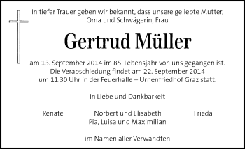 Traueranzeige von Gertrud Müller von Kleine Zeitung