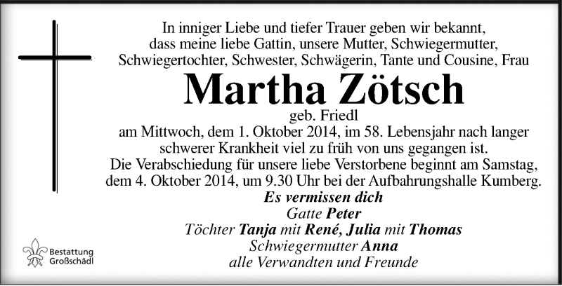  Traueranzeige für Martha Zötsch vom 03.10.2014 aus Kleine Zeitung