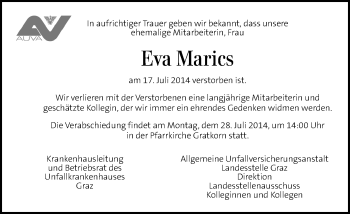 Traueranzeige von Eva Marics von Kleine Zeitung