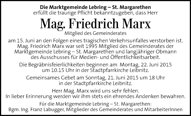  Traueranzeige für Friedrich Marx vom 19.06.2015 aus Kleine Zeitung