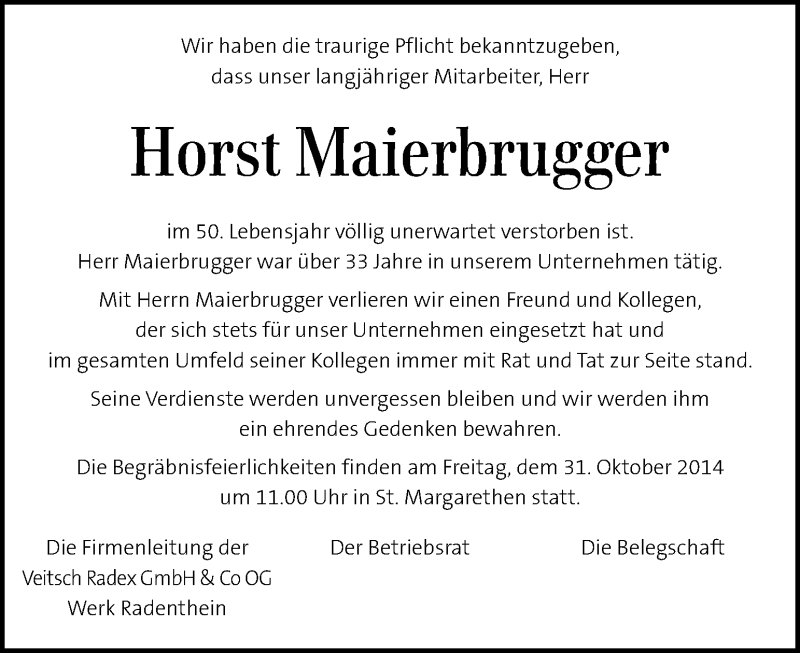  Traueranzeige für Horst Maierbrugger vom 29.10.2014 aus Kleine Zeitung