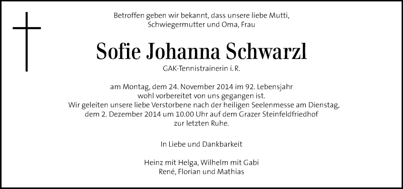  Traueranzeige für Sofie Johanna Schwarz vom 29.11.2014 aus Kleine Zeitung
