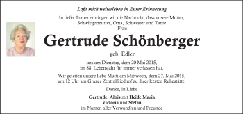 Traueranzeige von Gertrude Schönberger von Kleine Zeitung