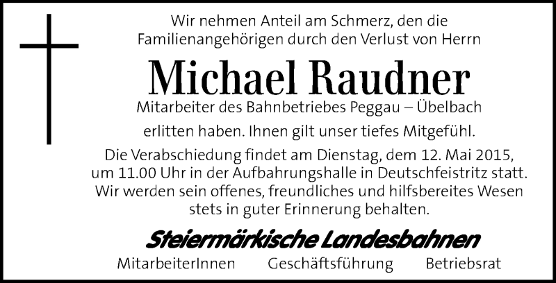  Traueranzeige für Michael Raudner vom 12.05.2015 aus Kleine Zeitung