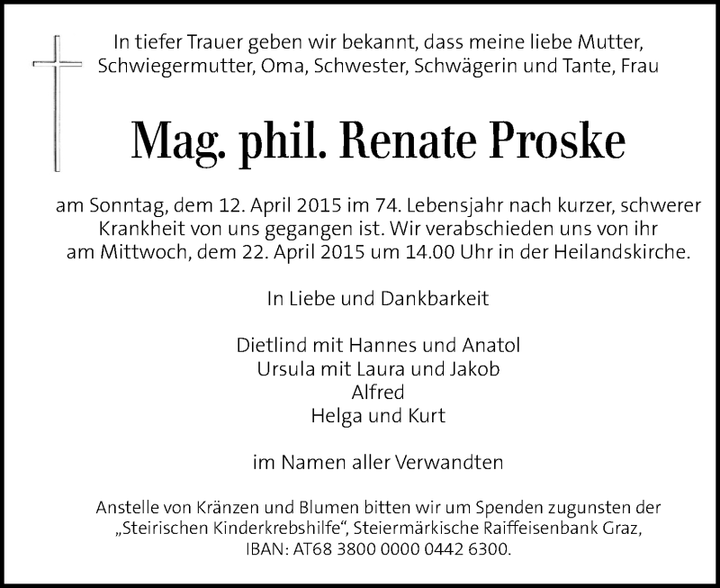  Traueranzeige für Renate Proske vom 18.04.2015 aus Kleine Zeitung