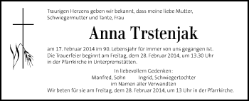 Traueranzeige von Anna Trstenjak von Kleine Zeitung