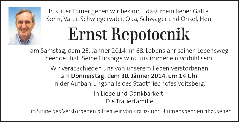 Traueranzeige für Ernst Repotocnik vom 28.01.2014 aus Kleine Zeitung