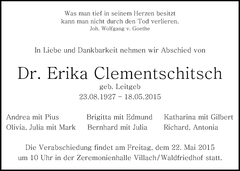  Traueranzeige für Erika Clementschitsch vom 21.05.2015 aus Kleine Zeitung