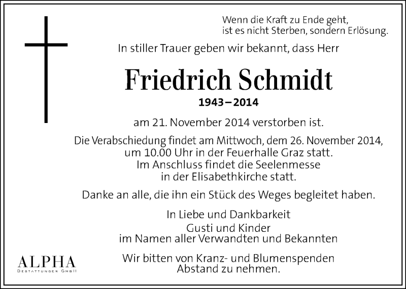  Traueranzeige für Friedrich Schmidt vom 25.11.2014 aus Kleine Zeitung