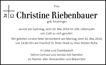 Traueranzeige von Christine Riebenbauer von Kleine Zeitung