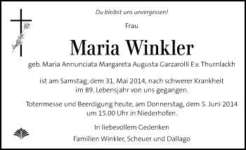 Traueranzeige von Maria Winkler von Kleine Zeitung