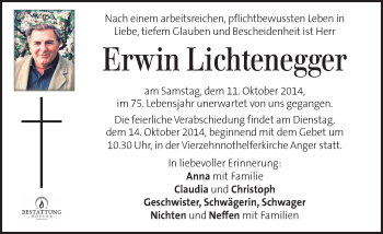Traueranzeige von Erwin Lichtenegger von Kleine Zeitung