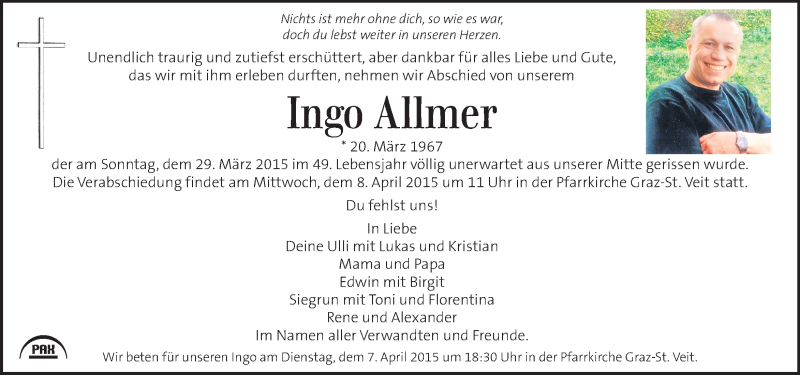  Traueranzeige für Ingo Allmer vom 05.04.2015 aus Kleine Zeitung