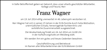 Traueranzeige von Franz Wagner von Kleine Zeitung