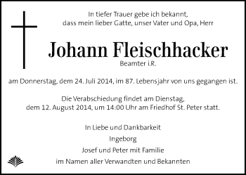 Traueranzeige von Johann Fleischhacker von Kleine Zeitung