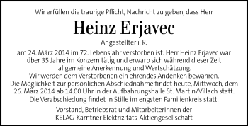 Traueranzeige von Heinz Erjavec von Kleine Zeitung