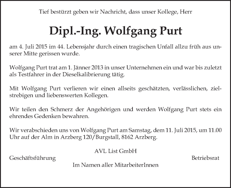  Traueranzeige für Wolfgang Purt vom 10.07.2015 aus Kleine Zeitung