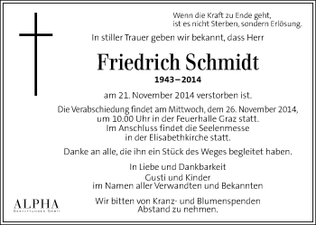 Traueranzeige von Friedrich Schmidt von Kleine Zeitung