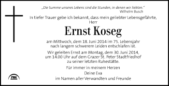Traueranzeige von Ernst Koseg von Kleine Zeitung
