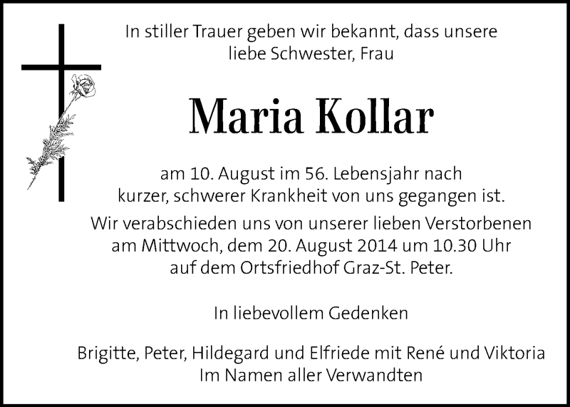 Traueranzeige für Maria Kollar vom 17.08.2014 aus Kleine Zeitung