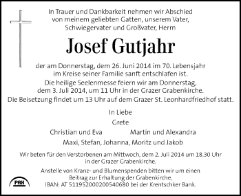 Traueranzeige von Josef Gutjahr von Kleine Zeitung