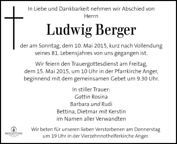 Traueranzeige von Ludwig Berger von Kleine Zeitung