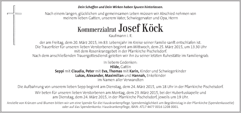  Traueranzeige für Josef Köck vom 22.03.2015 aus Kleine Zeitung