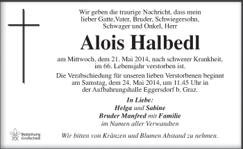Traueranzeige von Alois Halbedl von Kleine Zeitung
