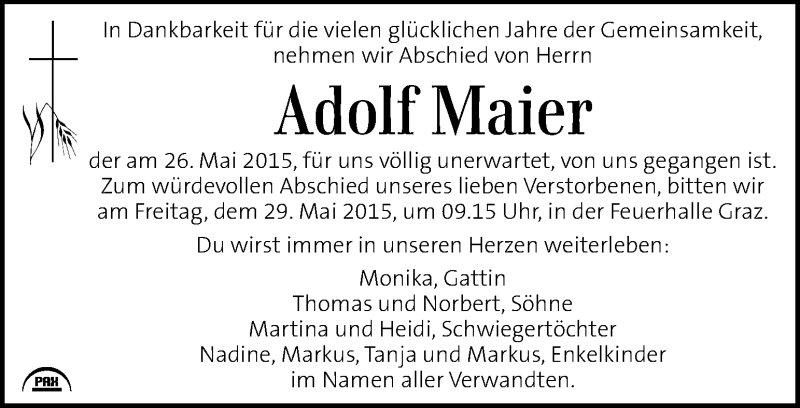  Traueranzeige für Adolf Maier vom 28.05.2015 aus Kleine Zeitung