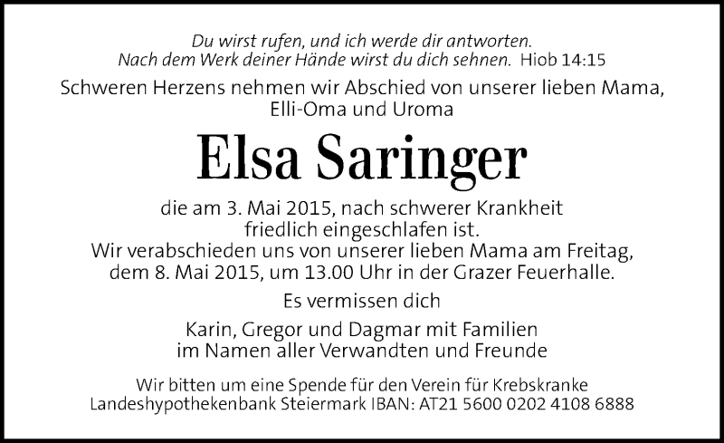  Traueranzeige für Elsa Saringer vom 06.05.2015 aus Kleine Zeitung