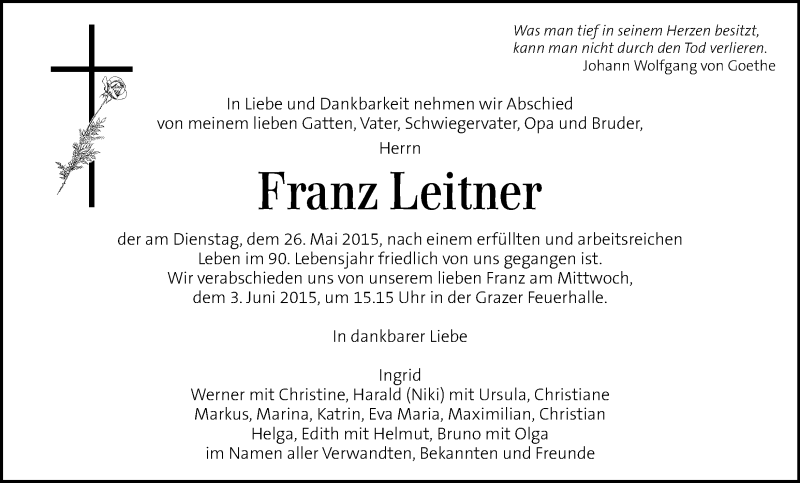  Traueranzeige für Franz Leitner vom 30.05.2015 aus Kleine Zeitung