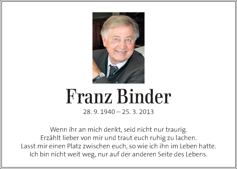  Traueranzeige für Franz Binder vom 23.03.2014 aus Kleine Zeitung