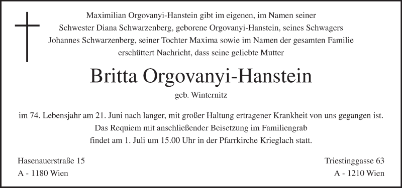  Traueranzeige für Britta Orgovanyi-Hanstein vom 28.06.2015 aus Kleine Zeitung