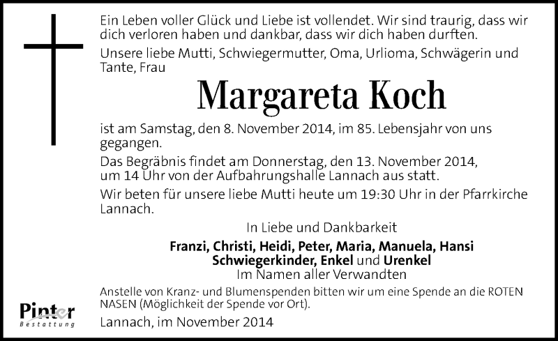  Traueranzeige für Margareta Koch vom 11.11.2014 aus Kleine Zeitung