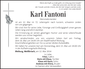 Traueranzeige von Karl Fantoni von Kleine Zeitung