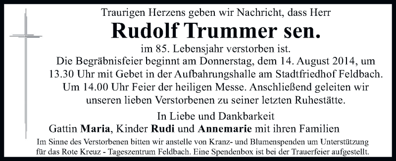  Traueranzeige für Rudolf Trummer vom 13.08.2014 aus Kleine Zeitung