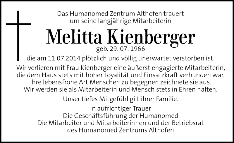  Traueranzeige für Melitta Kienberger vom 15.07.2014 aus Kleine Zeitung