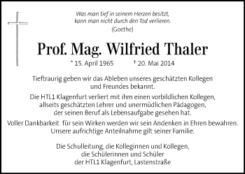 Traueranzeige von Wilfried Thaler von Kleine Zeitung