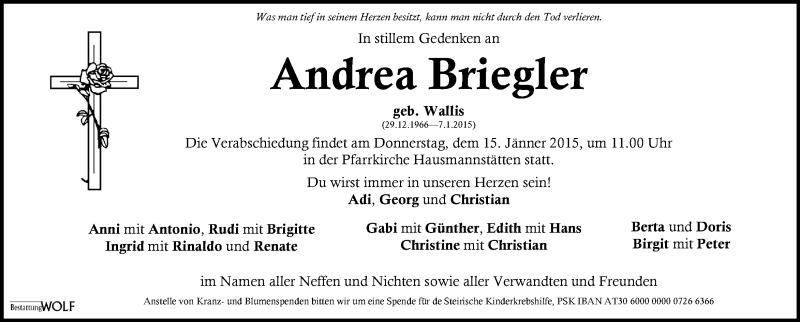  Traueranzeige für Andrea Briegler vom 10.01.2015 aus Kleine Zeitung