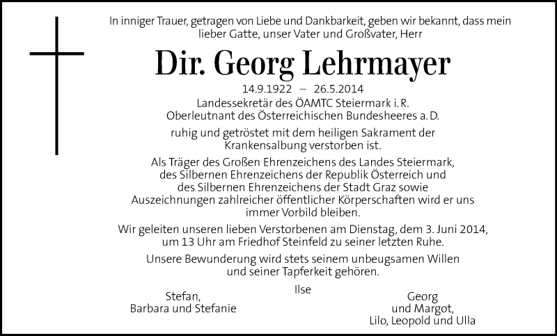  Traueranzeige für Georg Lehrmayer vom 31.05.2014 aus Kleine Zeitung