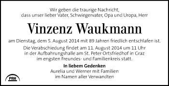 Traueranzeige von Vinzenz Waukmann von Kleine Zeitung