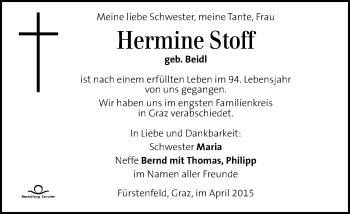 Traueranzeige von Hermine Stoff von Kleine Zeitung
